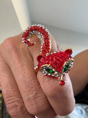 Rhinestone Fox Statement Ring Gold Tone Red Crystal Green Eyes Animal Size 7